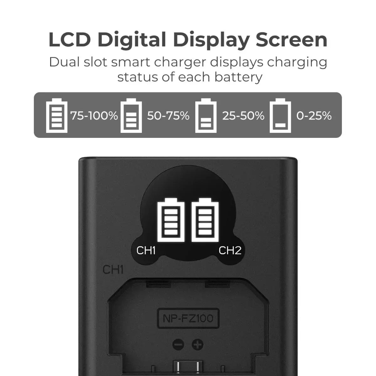 K&F Concept NP-FZ100 Battery Charger with LCD Screen for Sony Alpha ZV-E1, FX3, FX30, Alpha A7 iii, A7R III (A7R3), A7R IV, A9, A6600, Alpha A9 II Camera Batteries, Micro USB and Type-C Charger (KF28.0010V1) K&F Concept NP-FZ100 Battery Charger with LCD Screen for Sony Alpha ZV-E1, FX3, FX30, Alpha A7 iii, A7R III (A7R3), A7R IV, A9, A6600, Alpha A9 II Camera Batteries, Micro USB and Type-C Charger (KF28.0010V1)
